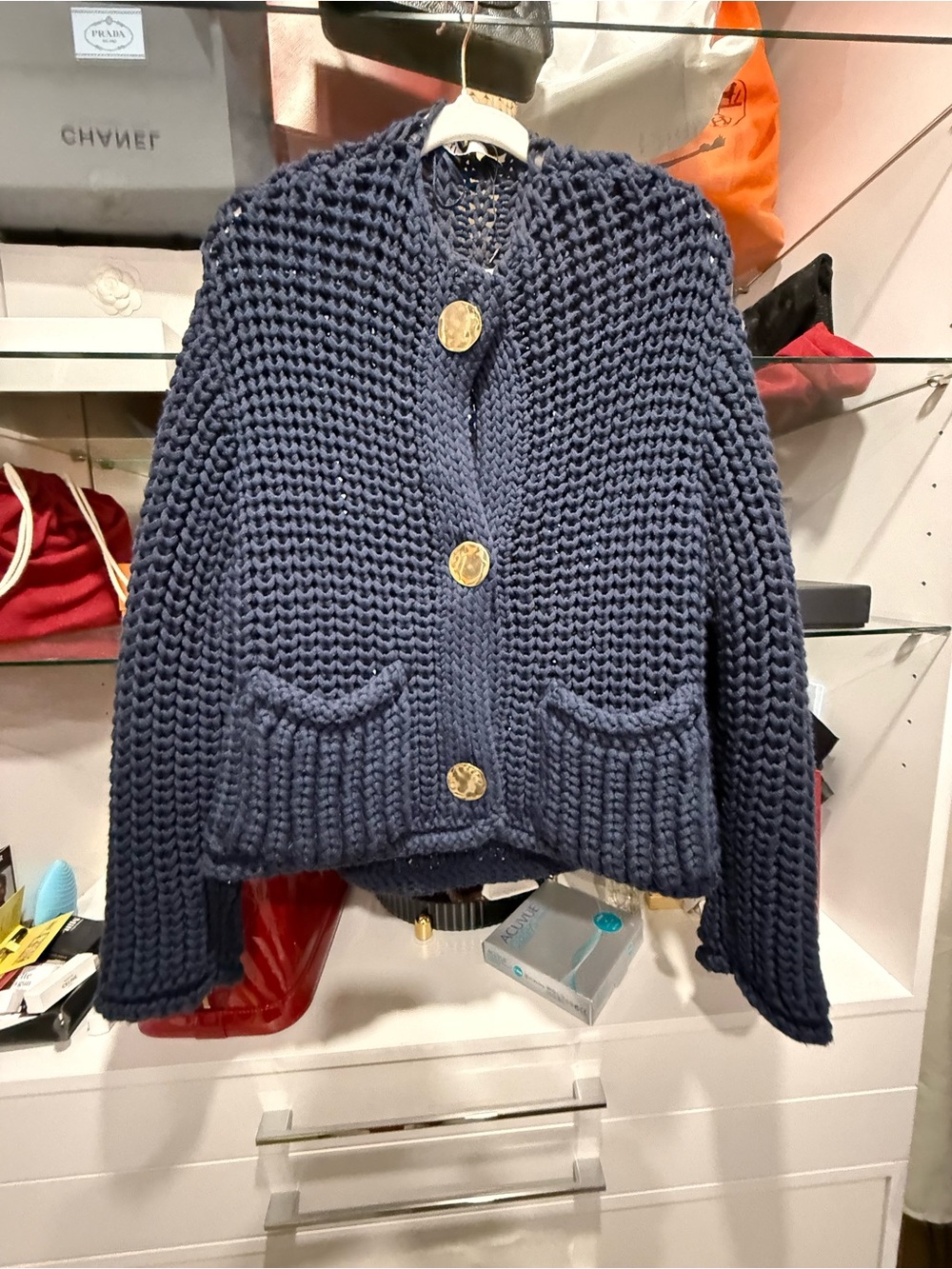 Zara Navy Chunky Knit Button Cardigan with Gold Buttons